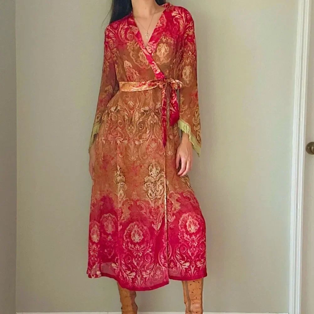 1990’s burgundy printed fridge front tie robe with matching nightgown